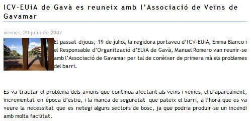 Informació apareguda a la web d'EUiA de Gavà sobre la reunió mantinguda amb l'AVV de Gavà Mar (19 de juliol de 2007) 